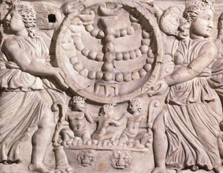 A sarcophagus with a menorah from the Roman catacombs, AD 251-350. A sarcophagus with a menorah from the Roman catacombs, AD 251-350. A sarcophagus with a menorah from the Roman catacombs, AD 251-350. Bridgeman.