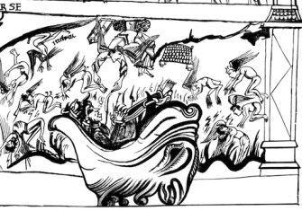 Angels are cast into the mouth of Hell, 20th-century illustration of the Cædmon Manuscript, 10th century. Lebrecht Authors/Bridgeman Images.