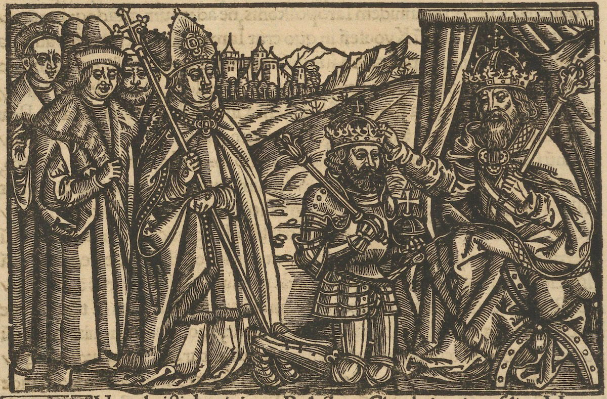 Otto III placing a diadem on Bolesław’s head, Chronica Polonorum, 1519. National Library of Poland. Public Domain.