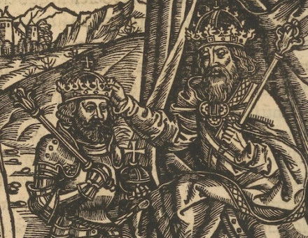 Otto III placing a diadem on Bolesław’s head, Chronica Polonorum, 1519. National Library of Poland. Public Domain.