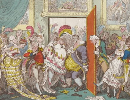 ’Inconveniences of a Crowded Drawing Room, May 6, 1818‘, a royal reception at Buckingham Palace by George Cruikshank. Minneapolis Institute of Art. Public Domain.