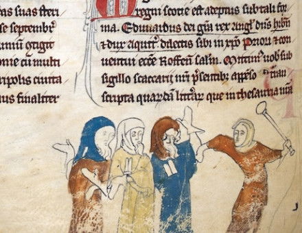 Marginal illustration showing the expulsion of Jews, the Rochester Chronicle, 1355. British Library/Bridgeman Images.