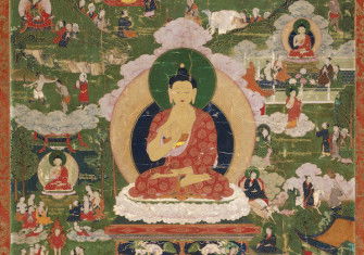The Buddha seated cross legged on a lotus throne, surrounded by scenes from his life. Tibet, 18th century. Photograph © 2023 Museum of Fine Arts, Boston. All rights reserved. / Denman Waldo Ross Collection / Bridgeman Images.