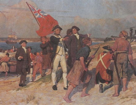Landing of Captain Cook at Botany Bay, 1770, by E. Phillips Fox, 1902. Print c. 1960. State Library of Victoria. Public Domain.