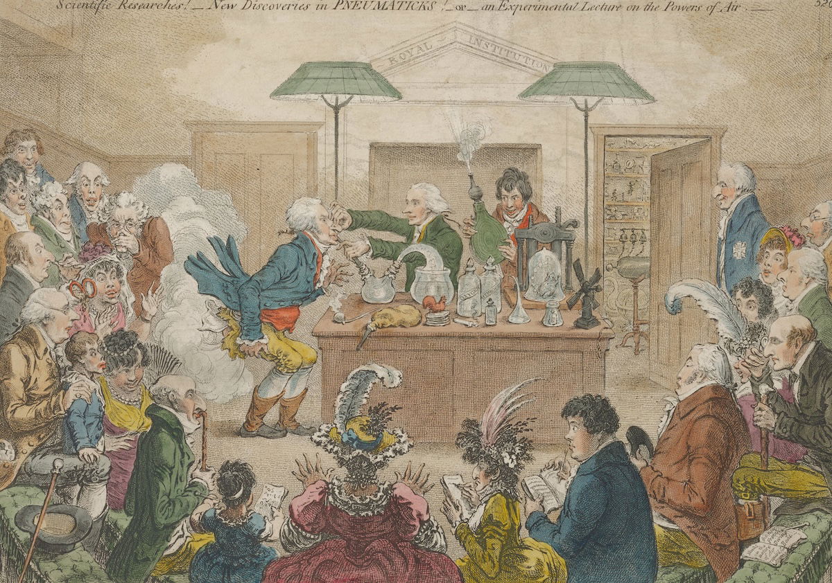 ‘Scientific Researches! New Discoveries in Pneumaticks! [sic] or an Experimental Lecture on the Powers of Air, May 23, 1802’, by James Gillray. Minneapolis Institute of Art. Public Domain.