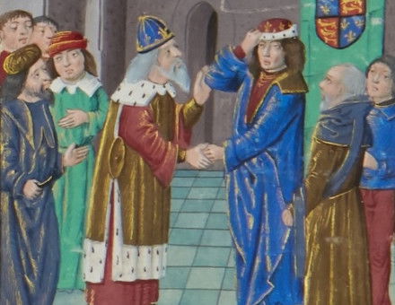 Manuel II Palaiologos meeting with Henry IV, from the St Albans Chronicle, late 15th century. Lambeth Palace Library/Bridgeman Images.