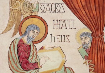St Matthew writing, the Lindisfarne Gospels, 710-20. British Library/Bridgeman Images.