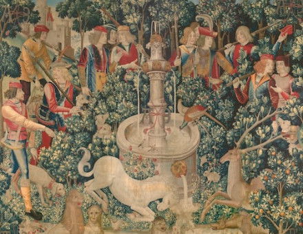 The Unicorn Purifies Water, French tapestry, c.1495-1505. Metropolitan Museum of Art. Public Domain.