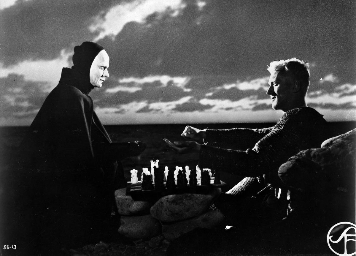 Bengt Ekerot and Max von Sydow in Ingmar Bergman’s The Seventh Seal, 1957. © 2025 Janus Films.