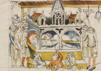 The Sick, the leprous, and the lame praying at Saint Hedwig's tomb, from the Vita beatae Hedwigis, 1353. The J. Paul Getty Museum, Los Angeles, Ms. Ludwig XI 7, fol. 87v, 83.MN.126.87v. Public Domain. 