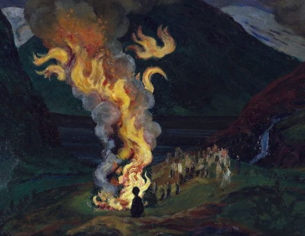 Bonfire Celebrating Midsummer Night, by Nikolai Astrup, 1912-26. Nasjonalmuseet/Børre Høstland. Public Domain.