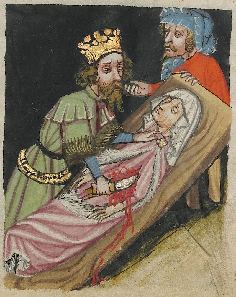 Nero cuts open his mother's belly, Austrian manuscript, c.1400-10. J. Paul Getty Museum, Los Angeles. Public Domain.