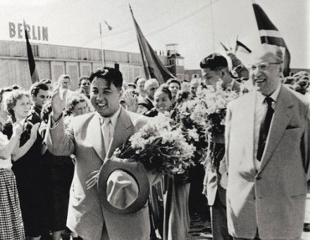 North Korean leader Kim Il Sung arrives at Schönefeld airport in East Berlin, welcomed by Otto Grotewohl, prime minister of the GDR, 6 June 1956. Keystone/Hulton Archive/Getty Images.