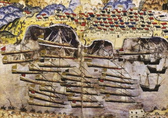 Barbarossa’s fleet wintering in Toulon harbour, 1543, by Matrakçı Nasuh, mid-16th century. Heritage Image Partnership Ltd/Alamy Stock Photo.