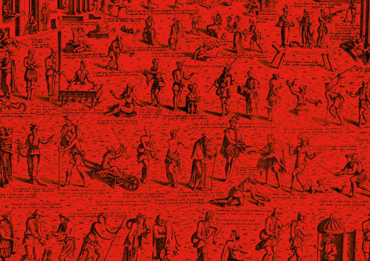 ‘The Deceits of the World’, by Cristofano Bertelli, c.1558-62. The pilgrim, with his staff over his shoulder, is captioned ‘He who pretends to come from Galicia’. Rijksmuseum. Public Domain.