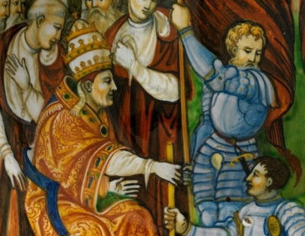 Pope Leo X presenting a baton to Federigo II Gonzaga, marquis of Mantua, on his appointment as captain general of the Church in 1521, Nicola da Urbino, c.1525-30. Metropolitan Museum of Art. Public Domain.