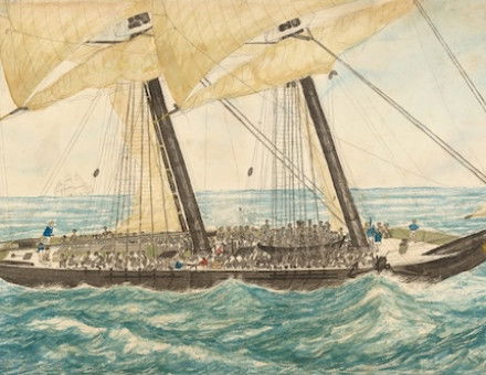 The Portuguese slaver Diligenté captured by H.M. Sloop Pearl, Lieutenant Henry Samuel Hawker, May 1838. Collection of the Smithsonian National Museum of African American History and Culture. Public Domain.