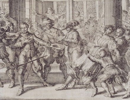The assasination of George Villiers, the duke of Buckingham, and favourite to King James IV and I, by Romeyn de Hooghe, 1699. Herzog August Library. Public Domain.