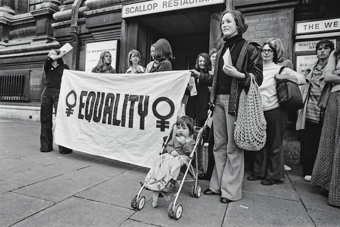 Activists at a demonstration for the Sex Discrimination Bill, London, 1973. Daily Express/Hulton Archive/Getty images.