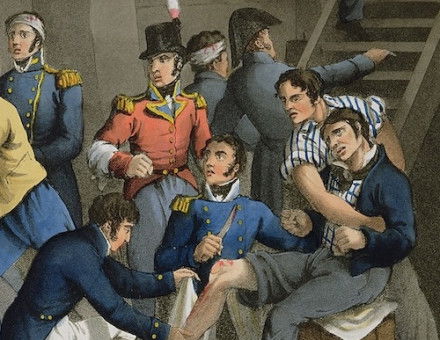 Nelson and other wounded officers being treated during the Battle of the Nile. Illustration by William Heath, from Historic, Military and Naval Anecdotes, 1819. Bridgeman Images.