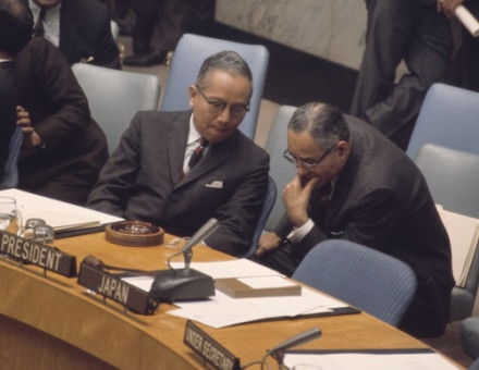 U Thant, with under-secretary-general for special political affairs Ralph Bunch, at the United Nations, Bernard Gotfryd, 1966. Library of Congress. Public Domain.