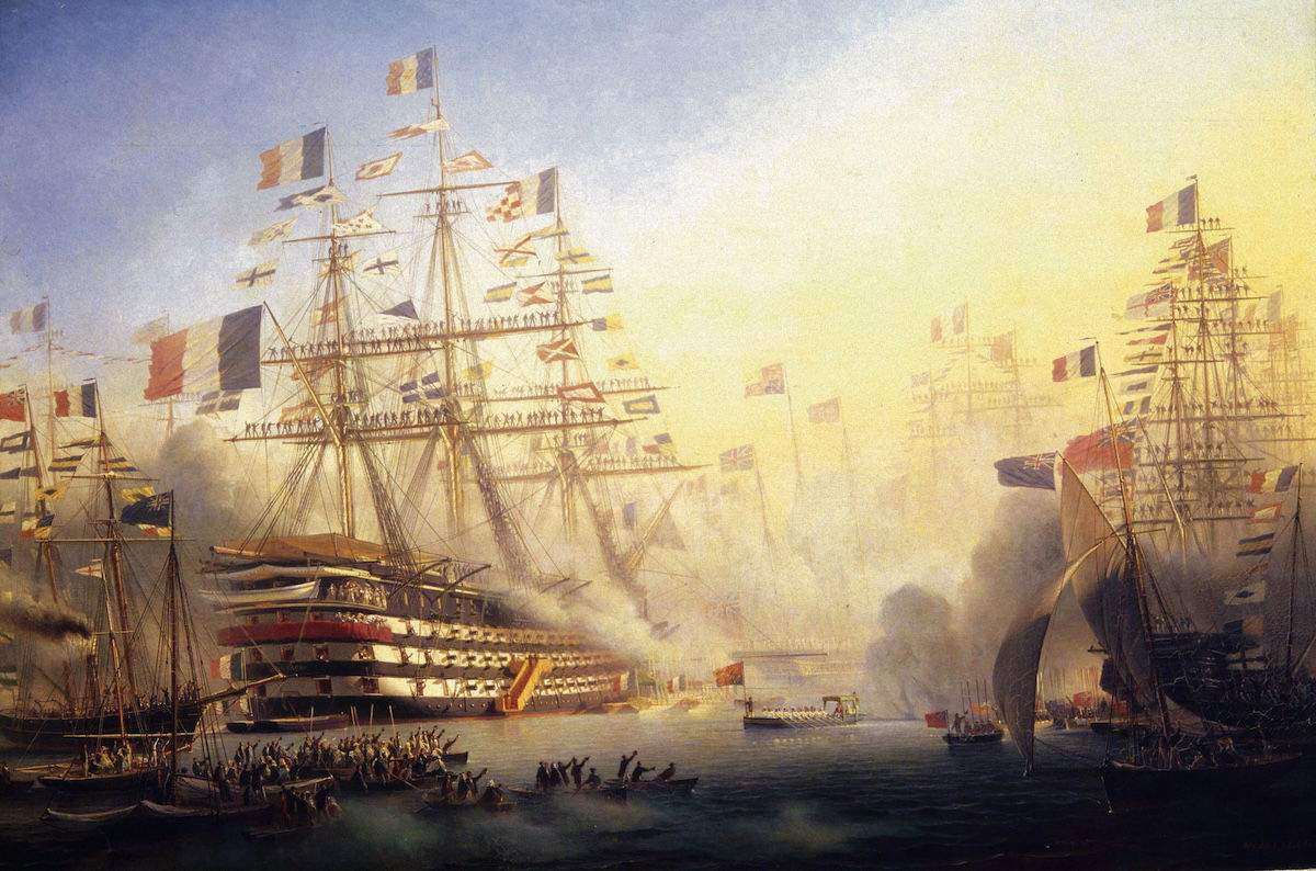 Napoleon III receiving Queen Victoria on board La Bretagne, 6 August 1858, at the port of Cherbourg, by Antoine Léon Morel-Fatio, 1859. Heritage Images/TopFoto.