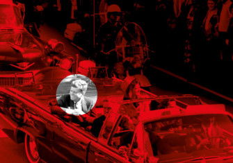 John F. Kennedy in the presidential limousine before his assassination on 22 November 1963. Kennedy’s wife Jacqueline sits next to him; Texas Governor John Connally and his wife, Nellie, are in front. World History Archive/Alamy Stock Photo.
