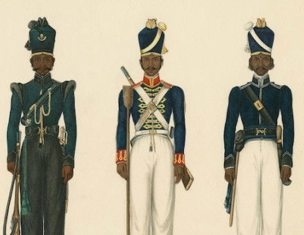 A watercolour of uniforms worn by sepoys of the Madras army of the British East India Company, c. 1825. 